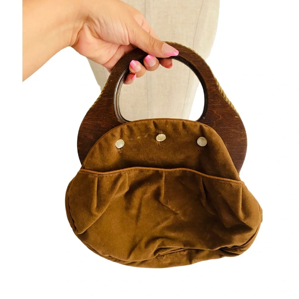 VINTAGE 70s BERMUDA BAG PURSE WOOD HANDLE BY BANNER HOUSE REVERSIBLE COVER - Picture 1 of 7